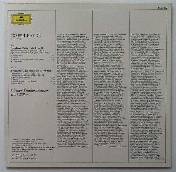 Joseph Haydn, Wiener Philharmoniker, Karl Böhm : Symphonien Nr.91 / Nr.92 >>Oxford<< (LP)