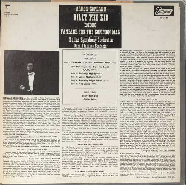 Aaron Copland - Dallas Symphony Orchestra, Donald Johanos : Billy The Kid / Rodeo / Fanfare For The Common Man (LP, Album, RE, All)