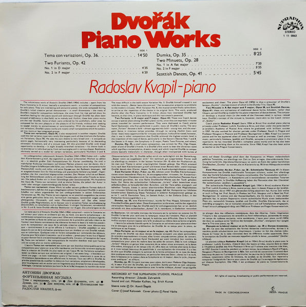 Antonín Dvořák, Radoslav Kvapil : Dvořák Piano Works: Tema Con Variazioni / Two Furiants / Dumka / Two Minuets / Scottish Dances (LP, RP)