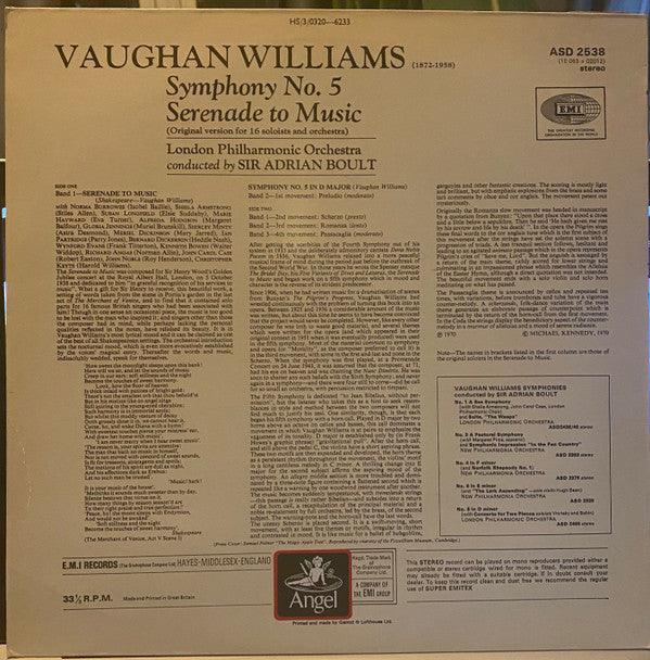 Ralph Vaughan Williams - Sir Adrian Boult, London Philharmonic Orchestra : Symphony No. 5 • Serenade To Music (LP, Album)