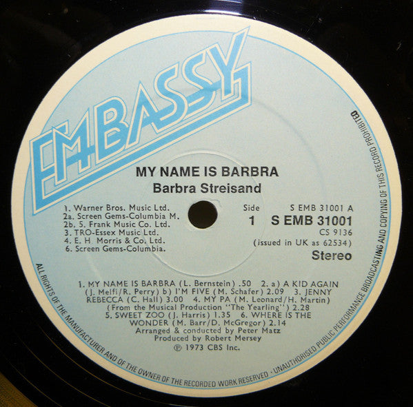 Barbra Streisand : My Name Is Barbra (LP, Album, RE)