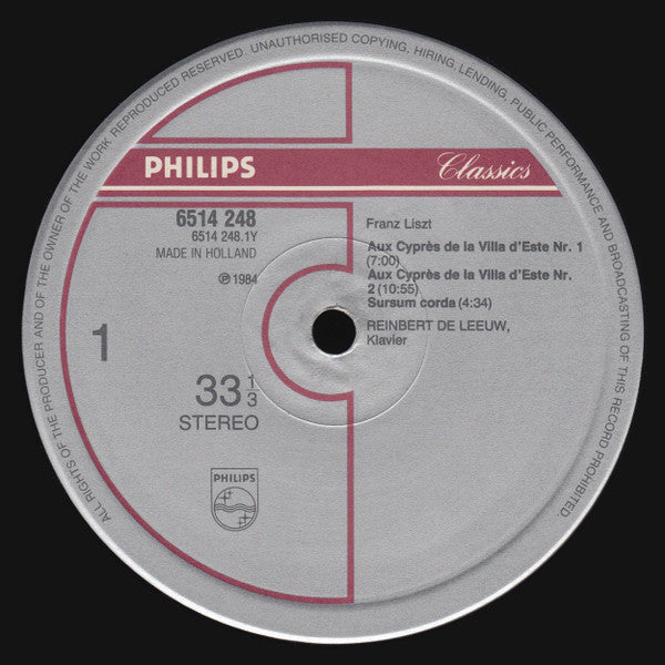 Franz Liszt - Reinbert De Leeuw : Aux Cyprès De La Villa D'Este Nos. 1 & 2 / Sursum Corda / Elégie I & II / La Notte (LP)