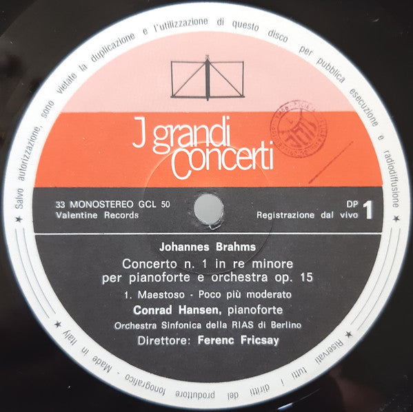 Johannes Brahms, Ferenc Fricsay : Concerto N.1 Per Pianoforte Op.15 (LP, Mono)