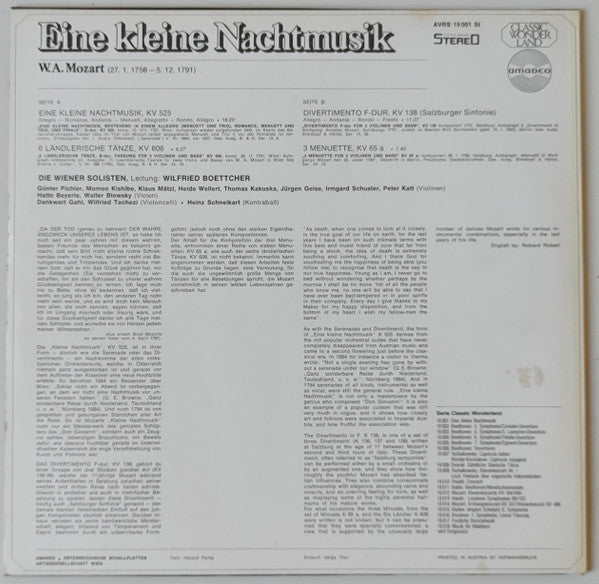 Wolfgang Amadeus Mozart : Eine Kleine Nachtmusik (LP, Mono, RE)