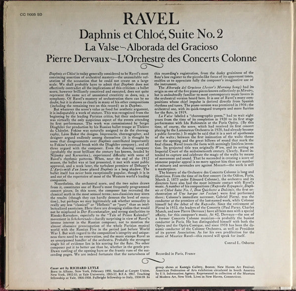 Maurice Ravel, Pierre Dervaux (2) ~ L'Orchestre De L'Association Des Concerts Colonne : Daphnis Et Chloé, Suite No. 2 / La Valse ~ Alborada Del Gracioso (LP, Gat)