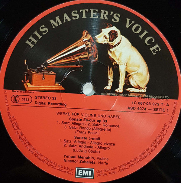 Nicanor Zabaleta, Yehudi Menuhin : Werke Für Violine Und Harfe (LP, Album)