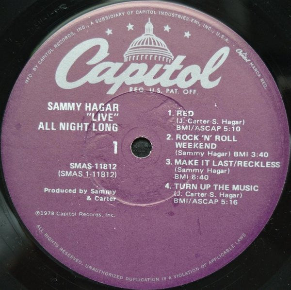 Sammy Hagar : All Night Long (LP, Album, Jac)