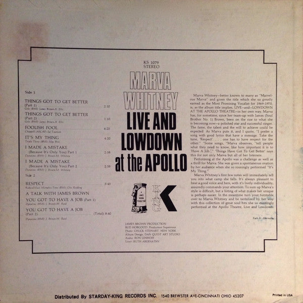 Marva Whitney : Live And Lowdown At The Apollo (LP, Album)