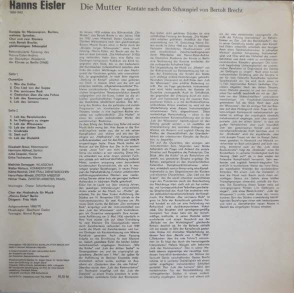 Hanns Eisler : Die Mutter (Kantate Von Bertolt Brecht Nach Dem Roman Von Maxim Gorki) (LP)