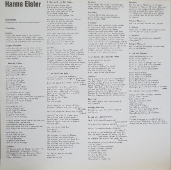 Hanns Eisler : Die Mutter (Kantate Von Bertolt Brecht Nach Dem Roman Von Maxim Gorki) (LP)