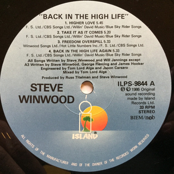 Steve Winwood : Back In The High Life (LP, Album)