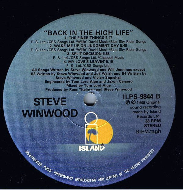 Steve Winwood : Back In The High Life (LP, Album)