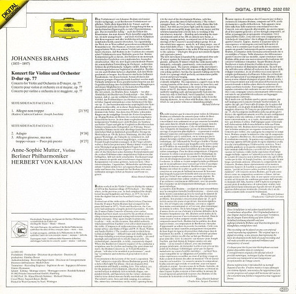 Johannes Brahms, Anne-Sophie Mutter, Berliner Philharmoniker · Herbert von Karajan : Violinkonzert = Violin Concerto (LP)