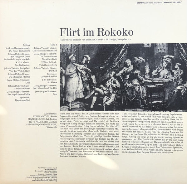 Edith Mathis, Benno Kusche, Fritz Neumeyer : Flirt In Rokoko (Heiter Frivole Liedchen von Telemann, J. Ph. Krieger, Rathgeber, Görner U.A.) (LP)