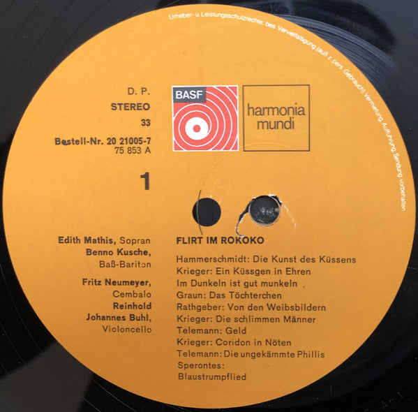 Edith Mathis, Benno Kusche, Fritz Neumeyer : Flirt In Rokoko (Heiter Frivole Liedchen von Telemann, J. Ph. Krieger, Rathgeber, Görner U.A.) (LP)