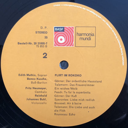 Edith Mathis, Benno Kusche, Fritz Neumeyer : Flirt In Rokoko (Heiter Frivole Liedchen von Telemann, J. Ph. Krieger, Rathgeber, Görner U.A.) (LP)