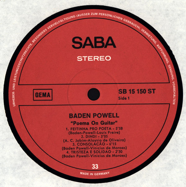 Baden Powell : Poema On Guitar (LP, Album, Gat)