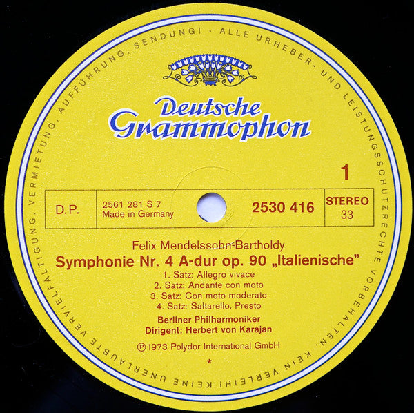 Felix Mendelssohn-Bartholdy / Berliner Philharmoniker, Herbert von Karajan : Symphonien Nr. 4 »Italienische« · »Italian« - Nr. 5 »Reformation« (LP)