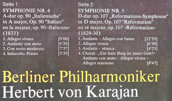 Felix Mendelssohn-Bartholdy / Berliner Philharmoniker, Herbert von Karajan : Symphonien Nr. 4 »Italienische« · »Italian« - Nr. 5 »Reformation« (LP)