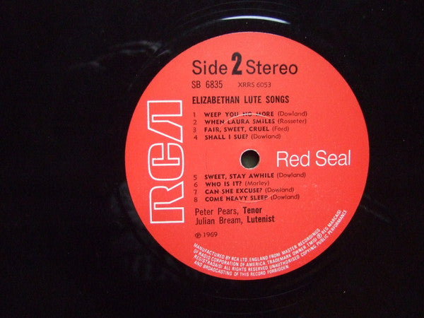 Julian Bream / Peter Pears - John Dowland • Thomas Ford • Thomas Morley • Philip Rosseter : Elizabethan Lute Songs (LP, Album)