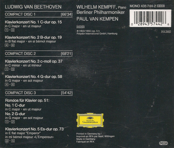 Ludwig van Beethoven, Wilhelm Kempff, Berliner Philharmoniker, Paul van Kempen : Die Klavierkonzerte (3xCD, Comp, Mono, RM)
