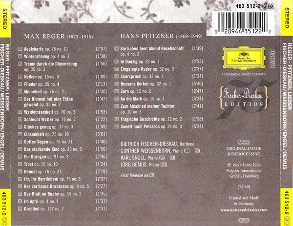 Max Reger, Hans Pfitzner, Dietrich Fischer-Dieskau, Günther Weissenborn, Karl Engel, Jörg Demus : Reger • Pfitzner - Lieder  (CD, Comp)