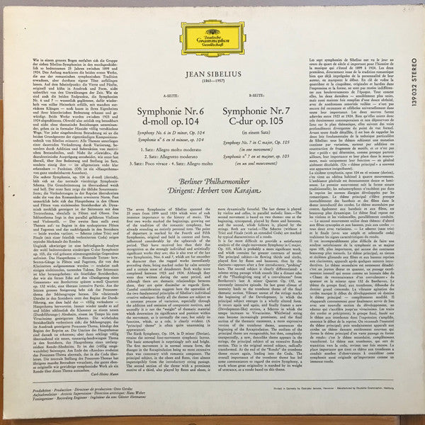 Jean Sibelius, Berliner Philharmoniker, Herbert von Karajan : Symphonien Nr.6 In D Moll • Nr.7 In C-Dur (LP)