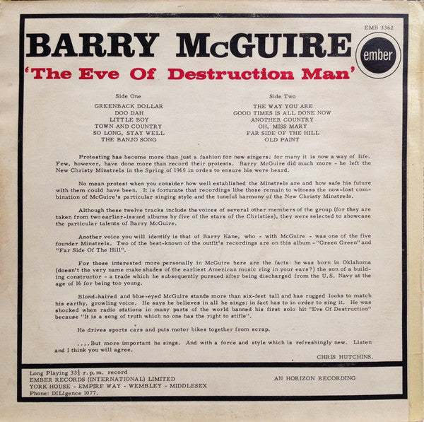 Barry McGuire : 'The Eve Of Destruction Man' (LP, Comp, Mono)