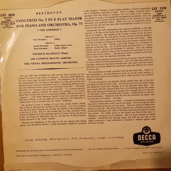 Ludwig van Beethoven - Wilhelm Backhaus, Clemens Krauss, Wiener Philharmoniker : Concerto No. 5 In E-Flat Major For Piano And Orchestra, Op. 73 "The Emperor" (LP, Mono)