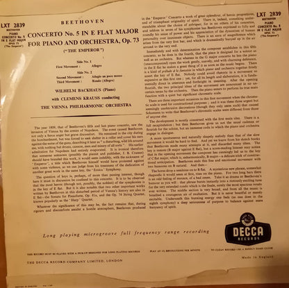 Ludwig van Beethoven - Wilhelm Backhaus, Clemens Krauss, Wiener Philharmoniker : Concerto No. 5 In E-Flat Major For Piano And Orchestra, Op. 73 "The Emperor" (LP, Mono)