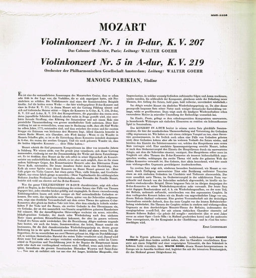 Wolfgang Amadeus Mozart, Manoug Parikian, Amsterdam Philharmonic Society Orchestra · Walter Goehr : Violin Konzert Nr. 1 In B-Dur KV. 207 / Violin Konzert Nr. 5 In A-Dur KV. 219 (LP, Mono)