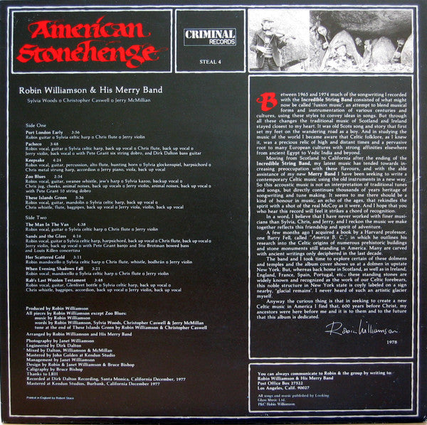 Robin Williamson & His Merry Band : American Stonehenge (LP, Album)