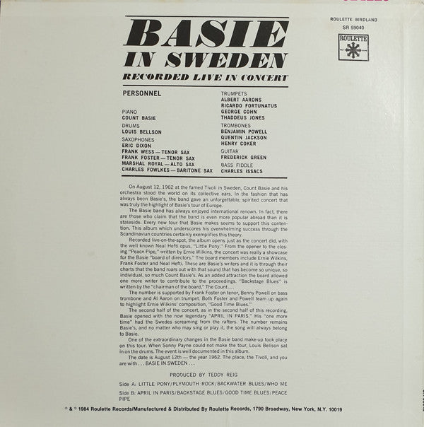 Count Basie Orchestra Featuring Louis Bellson : Basie In Sweden (LP, Album, RE)