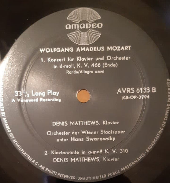 Wolfgang Amadeus Mozart, Denis Matthews, Orchester Der Wiener Staatsoper Unter Hans Swarowsky : Klavierkonzert D-moll KV. 466 / Klaviersonate A-moll KV. 310 (LP)