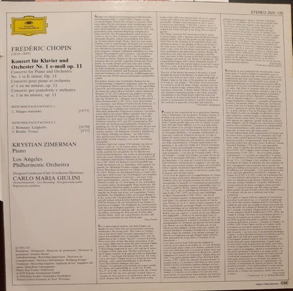 Frédéric Chopin . Los Angeles Philharmonic Orchestra . Krystian Zimerman . Carlo Maria Giulini : Klavierkonzert • Piano Concerto No. 1 (LP, Album)