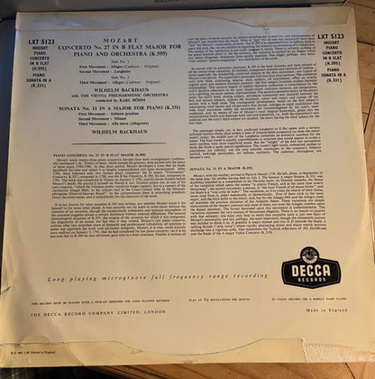Wolfgang Amadeus Mozart - Wilhelm Backhaus With The Wiener Philharmoniker Conducted By Karl Böhm : Piano Concerto No. 27 In B Flat Major (K.595)/ Sonata No. 11 In A Major (K.331) (LP, Album, Mono)