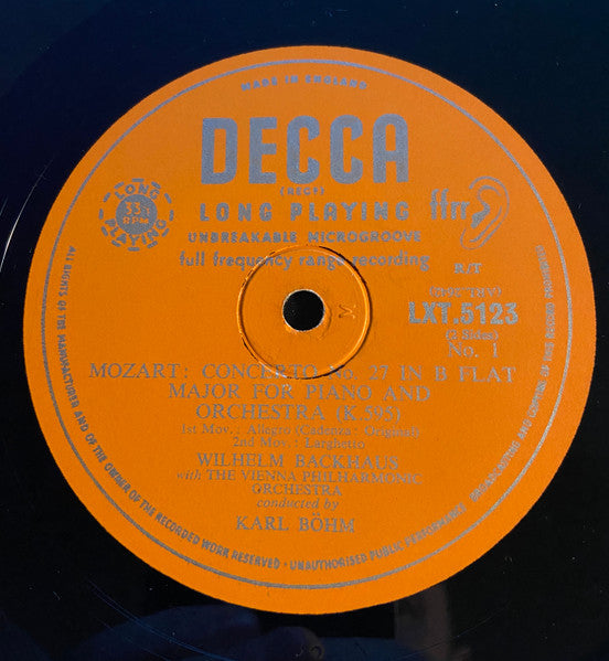 Wolfgang Amadeus Mozart - Wilhelm Backhaus With The Wiener Philharmoniker Conducted By Karl Böhm : Piano Concerto No. 27 In B Flat Major (K.595)/ Sonata No. 11 In A Major (K.331) (LP, Album, Mono)