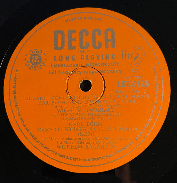 Wolfgang Amadeus Mozart - Wilhelm Backhaus With The Wiener Philharmoniker Conducted By Karl Böhm : Piano Concerto No. 27 In B Flat Major (K.595)/ Sonata No. 11 In A Major (K.331) (LP, Album, Mono)