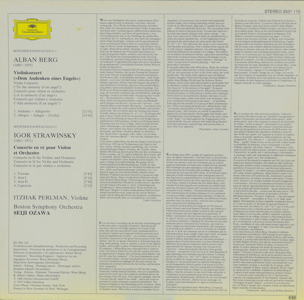 Alban Berg · Igor Stravinsky - Itzhak Perlman · Boston Symphony Orchestra · Seiji Ozawa : Violinkonzerte = Violin Concertos (LP)