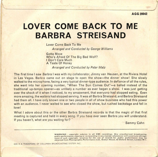 Barbra Streisand : Lover Come Back To Me (7", EP)