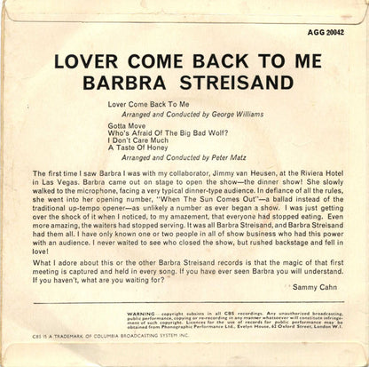 Barbra Streisand : Lover Come Back To Me (7", EP)