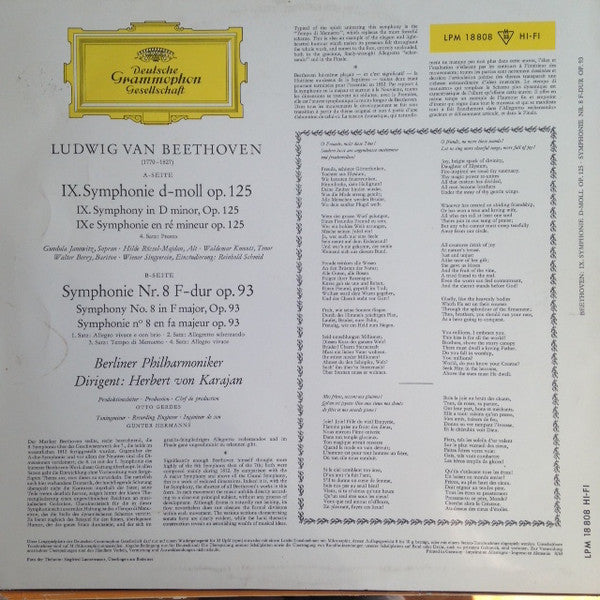 Ludwig Van Beethoven, Berliner Philharmoniker, Herbert von Karajan : Symphonien 8 & 9 (Finale) (LP, Mono)