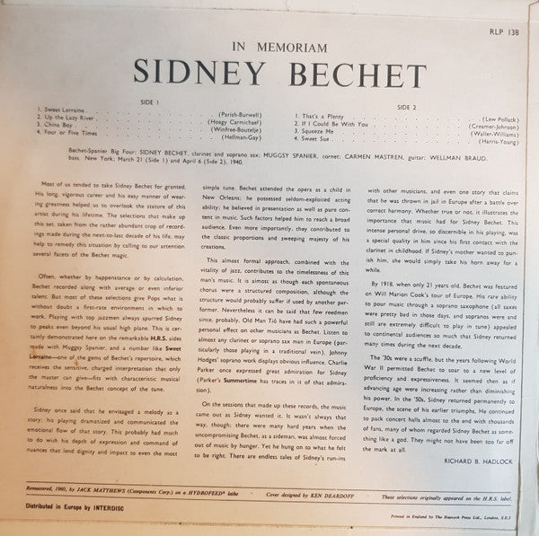 Sidney Bechet : In Memoriam (LP, Mono)