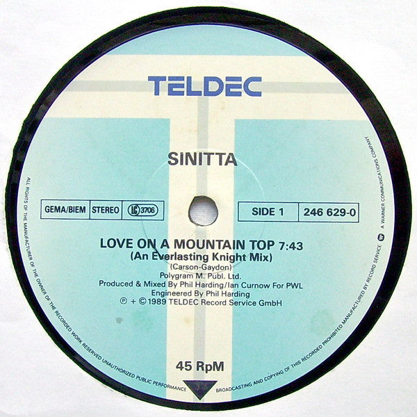 Sinitta : Love On A Mountain Top (An Everlasting Knight Mix) (12")