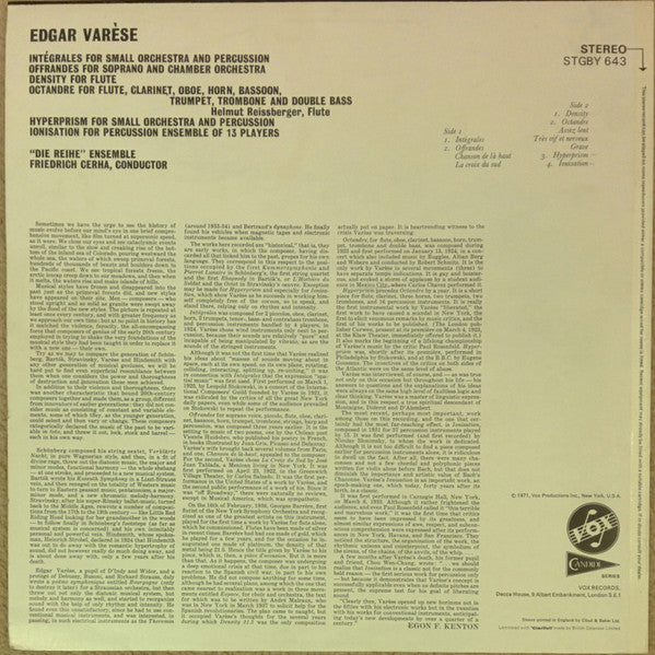 Edgard Varèse, Friedrich Cerha, Ensemble "die reihe", Wien : Density / Intégrales / Offrandes / Hyperprism / Octandre / Ionisation (LP, Album)