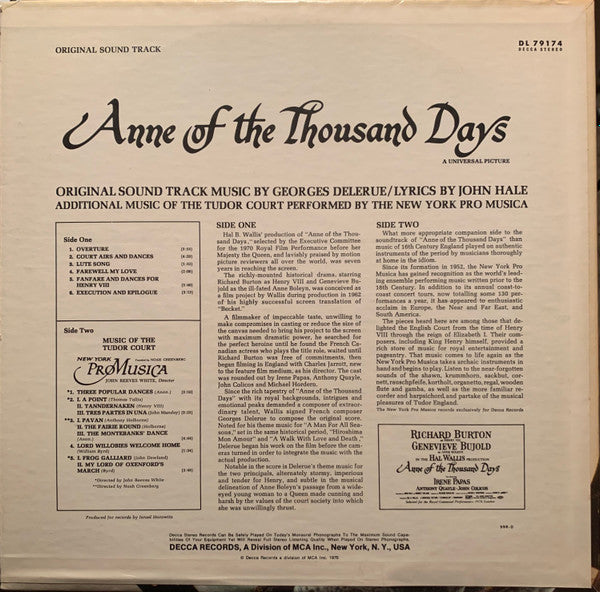 Georges Delerue / New York Pro Musica : Original Sound Track Anne Of The Thousand Days (LP, Album)