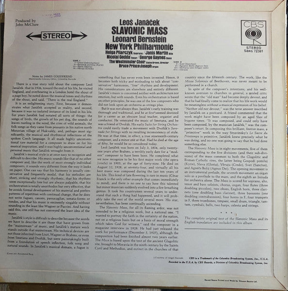 Leoš Janáček, Leonard Bernstein, New York Philharmonic, Westminster Symphonic Choir : Slavonic Mass (LP, Album)