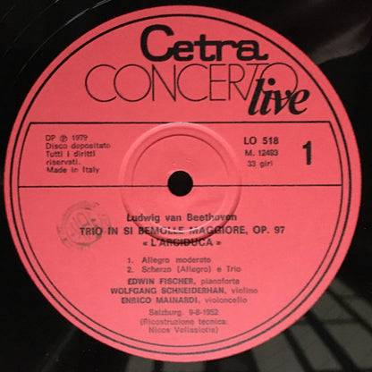 Ludwig van Beethoven, Edwin Fischer, Wolfgang Schneiderhan, Enrico Mainardi : Trio In Si Bemolle Maggiore, Op. 97 "L'Arciduca" (LP, Mono)