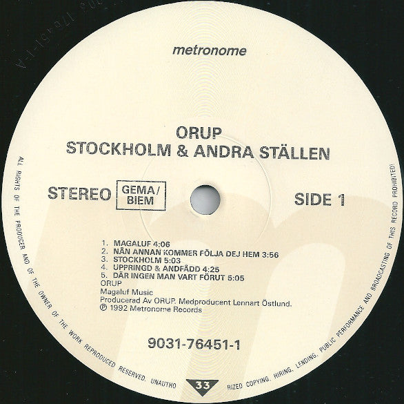 Orup : Stockholm & Andra Ställen (LP, Album)