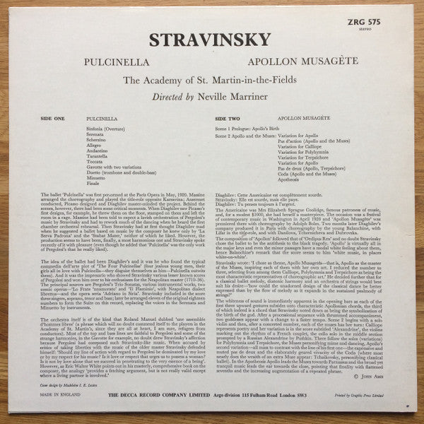 Igor Stravinsky - The Academy Of St. Martin-in-the-Fields, Sir Neville Marriner : Pulcinella / Apollon Musagète (LP, RP)